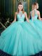 Modern Floor Length Aqua Blue Quinceanera Dress Halter Top Sleeveless Lace Up