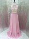 Brush Train Two Pieces Prom Gown Pink Chiffon Sleeveless Zipper