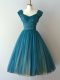 Teal A-line Ruching Bridesmaid Gown Zipper Chiffon Cap Sleeves Knee Length