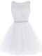 Noble Scoop Sleeveless Prom Dress Mini Length Beading and Lace and Appliques White Tulle