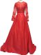 Red Elastic Woven Satin Zipper High-neck Long Sleeves Mother of Bride Dresses Brush Train Lace and Appliques