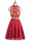 Eye-catching Red A-line Chiffon Halter Top Sleeveless Beading Mini Length Backless Prom Party Dress