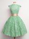Green Cap Sleeves Belt Knee Length Quinceanera Dama Dress