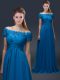 Adorable Appliques Mother of Bride Dresses Royal Blue Lace Up Short Sleeves Floor Length