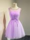 Dramatic Sleeveless Knee Length Belt Lace Up Bridesmaid Dress with Lavender