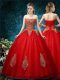 Sleeveless Tulle Floor Length Lace Up Wedding Dresses in Red with Appliques