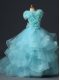 High-neck Sleeveless Little Girls Pageant Dress Floor Length Ruffles and Hand Made Flower Aqua Blue Tulle