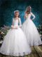 Traditional White Tulle Lace Up V-neck 3 4 Length Sleeve Floor Length Flower Girl Dresses Lace