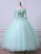 Apple Green Tulle Lace Up Off The Shoulder 3 4 Length Sleeve Floor Length Quinceanera Gowns Beading