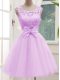 Excellent Lilac A-line Lace and Bowknot Bridesmaids Dress Lace Up Tulle Sleeveless Knee Length