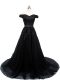 High Quality Black Sleeveless Tulle Brush Train Lace Up Celebrity Prom Dress for Prom and Military Ball and Sweet 16