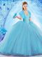 Off The Shoulder Sleeveless Sweet 16 Quinceanera Dress Sweep Train Beading Baby Blue Organza