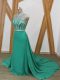 Eye-catching Scoop Sleeveless Prom Gown Watteau Train Beading Turquoise Chiffon