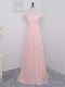 Edgy Chiffon Scoop Short Sleeves Zipper Lace Quinceanera Dama Dress in Baby Pink
