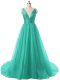 Turquoise Organza Backless Homecoming Dress Sleeveless Brush Train Ruching