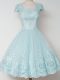 Customized Cap Sleeves Tulle Knee Length Zipper Bridesmaid Gown in Aqua Blue with Lace