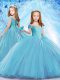 Fashion Cap Sleeves Organza Brush Train Lace Up Little Girls Pageant Gowns in Baby Blue with Beading