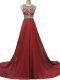 Designer Column/Sheath Sleeveless Burgundy Prom Evening Gown Brush Train Backless
