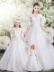 Elegant Half Sleeves Lace Lace Up 15th Birthday Dress with White Brush Train