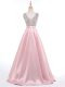 High End Elastic Woven Satin V-neck Sleeveless Brush Train Backless Beading Prom Dresses in Baby Pink