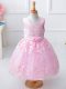 Eye-catching Baby Pink Ball Gowns Scoop Sleeveless Lace Knee Length Zipper Appliques and Hand Made Flower Flower Girl Dresses