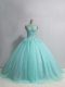 Aqua Blue Ball Gowns Tulle Scoop Sleeveless Appliques Floor Length Lace Up Sweet 16 Dresses