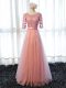 Dramatic Pink Half Sleeves Floor Length Lace Lace Up Bridesmaid Dresses