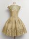 High End Knee Length Brown Quinceanera Dama Dress Tulle Cap Sleeves Lace