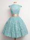 Cap Sleeves Lace Knee Length Lace Up Bridesmaid Gown in Aqua Blue with Belt