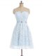Mini Length Light Blue Evening Dress Lace Sleeveless Beading and Lace and Appliques