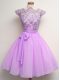 Low Price Scalloped Cap Sleeves Lace Up Wedding Guest Dresses Lilac Chiffon