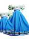 Custom Design Scoop Short Sleeves Quince Ball Gowns Floor Length Pick Ups Baby Blue Taffeta