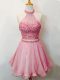 Admirable Halter Top Sleeveless Quinceanera Dama Dress Knee Length Beading Pink Organza