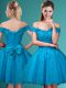 Low Price Aqua Blue A-line Off The Shoulder Cap Sleeves Tulle Knee Length Lace Up Lace and Belt Wedding Party Dress