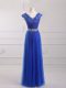 Low Price Royal Blue V-neck Lace Up Beading and Lace and Appliques and Belt Prom Party Dress Short Sleeves