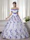 Cheap Short Sleeves Organza Floor Length Lace Up Ball Gown Prom Dress in White with Embroidery