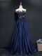 Beading and Appliques Evening Dress Navy Blue Zipper Sleeveless Brush Train