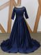 Navy Blue Mother of Groom Dress Prom and Military Ball with Beading Scoop 3 4 Length Sleeve Brush Train Zipper
