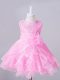 Beautiful Rose Pink Ball Gowns Organza Scoop Sleeveless Beading and Hand Made Flower Knee Length Zipper Party Dresses
