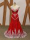 Traditional Beading and Lace and Appliques Prom Gown Red Zipper Cap Sleeves Brush Train