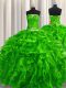 Sleeveless Organza Floor Length Lace Up Sweet 16 Dress in Green with Beading and Ruffles