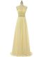 Shining Light Yellow Empire Chiffon V-neck Sleeveless Beading and Lace and Appliques Floor Length Zipper Party Dress Wholesale