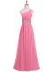 Custom Fit Rose Pink Chiffon Backless Prom Party Dress Sleeveless Floor Length Beading and Ruching