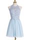 Spectacular Light Blue Empire Halter Top Sleeveless Chiffon Knee Length Lace Up Appliques Bridesmaid Dresses