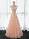 Peach Sleeveless Floor Length Appliques Lace Up Prom Dress