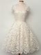Champagne A-line Straps Cap Sleeves Lace Knee Length Lace Up Lace Bridesmaid Dress