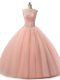 Clearance Floor Length Lace Up Quinceanera Gown Peach for Military Ball and Sweet 16 and Quinceanera with Beading and Lace