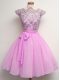 Artistic A-line Bridesmaids Dress Lilac Scalloped Chiffon Cap Sleeves Knee Length Lace Up
