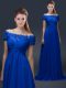 Fashionable Short Sleeves Chiffon Floor Length Lace Up Mother of Bride Dresses in Blue with Appliques