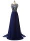 Dazzling Beading Prom Dress Navy Blue Zipper Sleeveless Brush Train